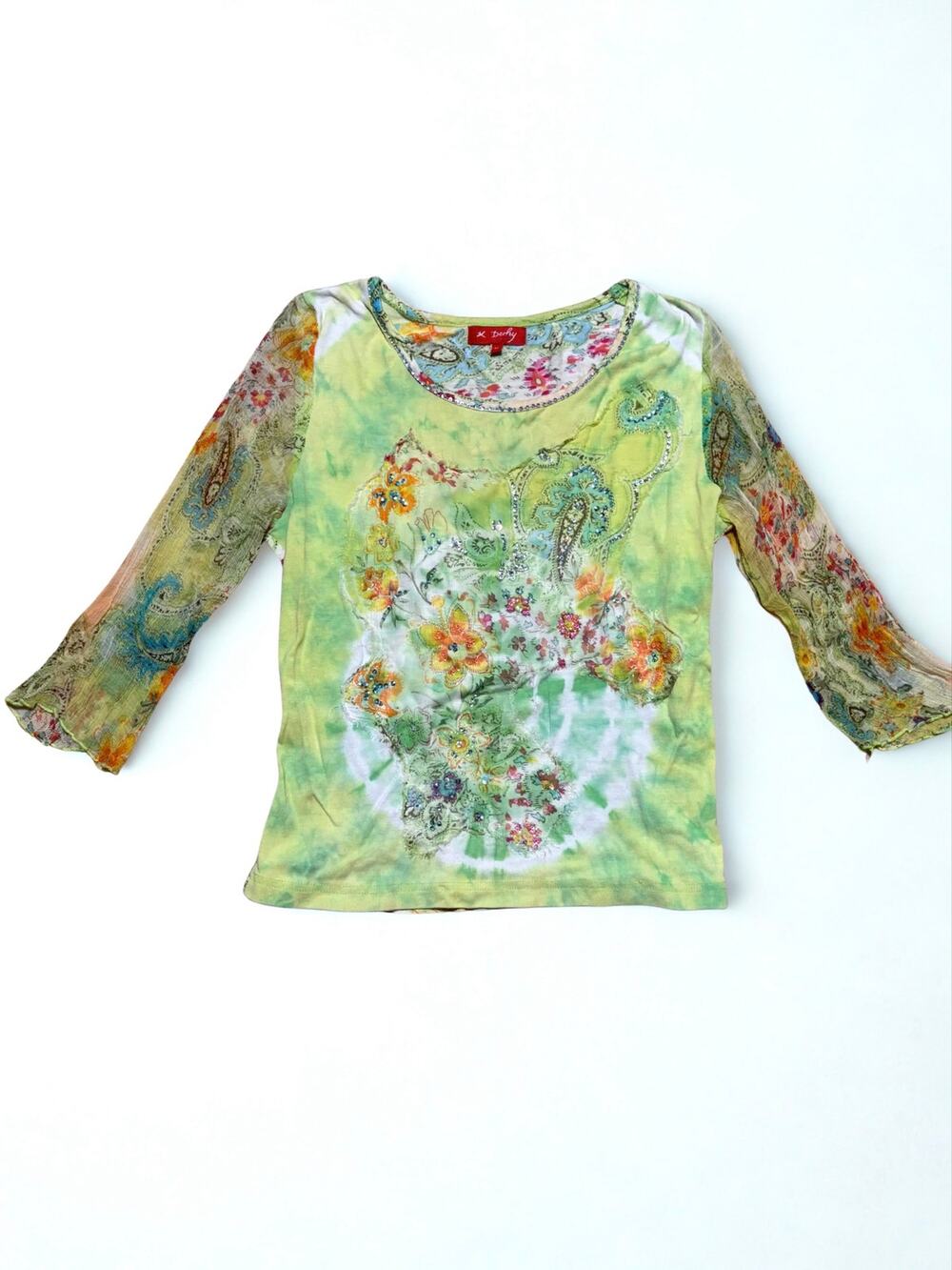 Vtg Y2K Derhy Yellow Green Watercolor Fairy Top Beaded Sequined Details Size M